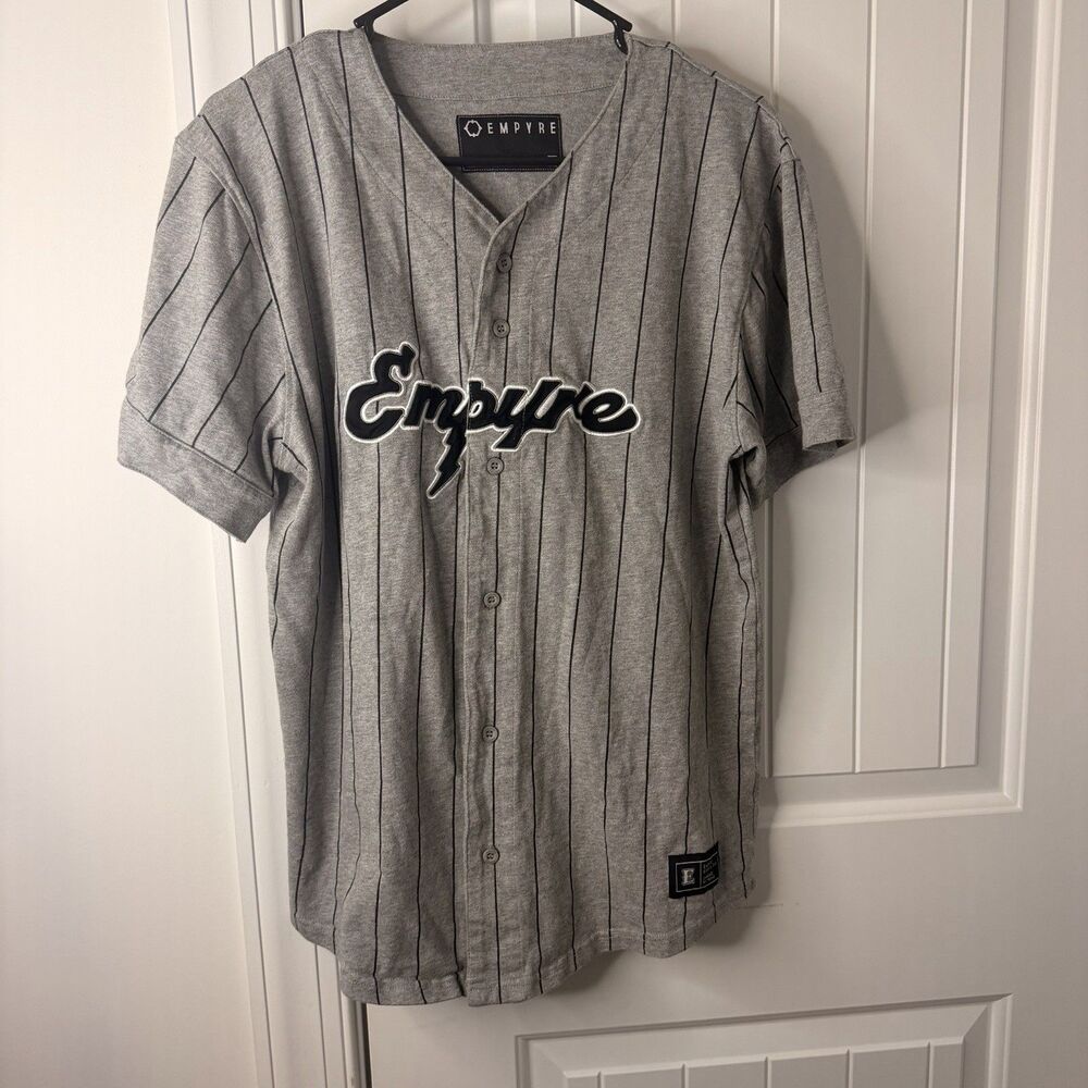 Empyre Baseball Jersey Mens L Gray Black Pinstripe Button Front Skate Streetwear